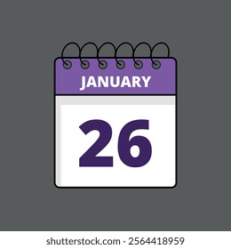 Purple and white calendar flat icon with specific day marking January 26st, calendar icon day 26.