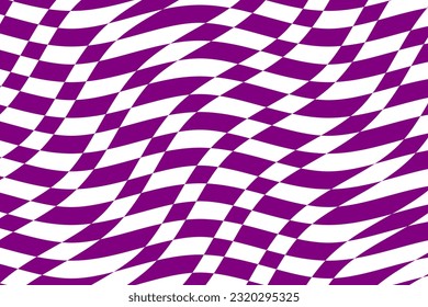 Purple and white checkered flag texture background vector. Wavy tartan plaid fabric pattern. Wave stripes ethnic pattern. Abstract geometric shapes.