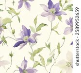 Purple and white clematis flowers with green leaves on a cream background, watercolor seamless pattern , flower seamless pattern , doodle summer,  kids and baby designs for use as fabric or paper.