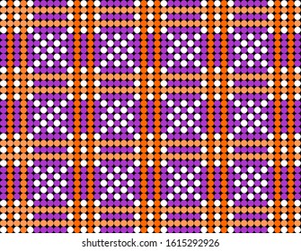 Purple and white dot plaid. Tile vector pattern with purple and white polka dots on black background.