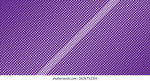 Purple white dotted halftone. Halftone vector background. Vertical grungy dotted gradient. Retro futuristic texture. Violet dot on transparent backdrop. Abstract dotwork. Pop art design template
