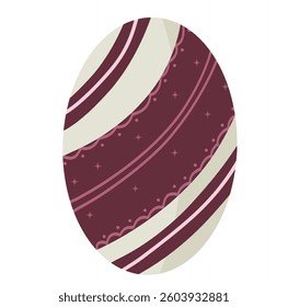 A purple and white egg with a pink stripe. The egg is decorated with stars and has a pattern of stripes