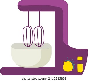 Purple and white electric mixer with beaters. Kitchen appliance for baking and cooking. Simple cartoon style vector illustration.