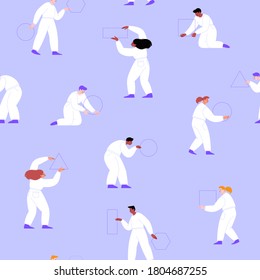 Purple and white flat vector seamless pattern. Different people in white clothes holding geometric figures. Men and women standing holding triangles circles and rectangles