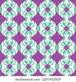 Purple and white floral repeating pattern with clematis and pastel green and pink hues, suitable for trendy home decor or calming tablecloth.