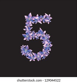 Purple and white flower number five (5) on black background. Vector illustration. Eps 10.