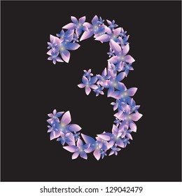 Purple and white flower number three (3) on black background. Vector illustration. Eps 10.