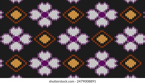 Purple and white flower on grey knitted pattern, Festive Sweater Design. Seamless Knitted Pattern, Halloween concept.