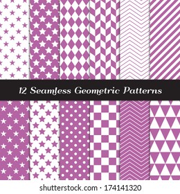 Purple and White Geometric Seamless Patterns. Orchid Color Backgrounds in Diamond, Chevron, Polka Dot, Checkerboard, Stars, Triangles, Herringbone and Stripes. Pattern Swatches with Global Colors.