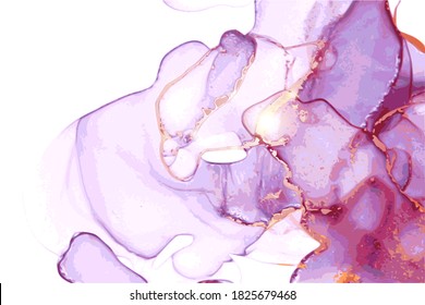 Purple, white and gold stone marble texture. Alcohol ink technique abstract vector background. Modern luxury paint in natural colors with glitter. Template for banner, poster. Fluid art painting