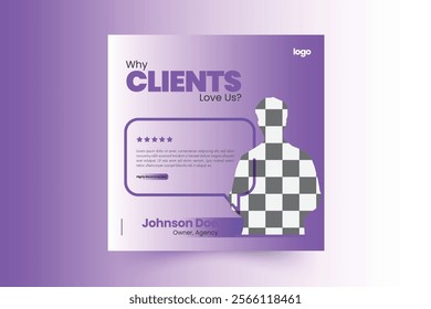 Purple white Gradient with Png Image review testimonial template of clients, Client feedback square flyer or poster, Clients suggestion, vector design.