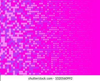 Purple, white halftone dots. Colorful geometric gradient for pop art designs. Geometric vintage monochrome fade wallpaper. Pop art print. Dotted geometric retro pattern. Comic halftone background.