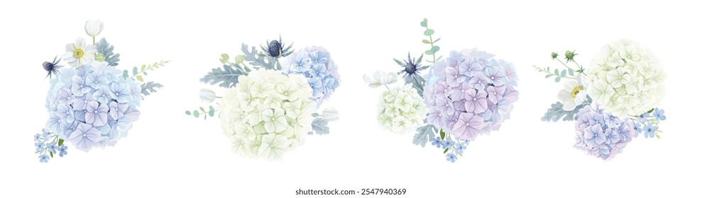 Purple and white hydrangea bouquet vector illustration with beautiful flowers and foliage. All elements are movable, making it perfect for greeting cards, invitations, or decorative designs