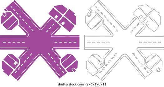 Purple and white intersection map with buildings road