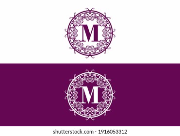Purple white M initial letter in circle classic frame