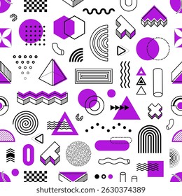 Padrão gráfico sem emenda roxo e branco de Memphis. Funky Memphis figuras abstratas vetor papel de parede pano de fundo, papel de embrulho fundo sem emenda. Tecidos ou têxteis Memphis padrão geométrico ou impressão