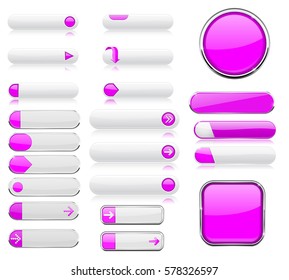 Purple and white menu buttons. Interface elements with metal frame. Vector 3d illustration isolated on white background.