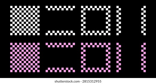 Purple and white pixel checkerboard forming retro text with millennium futuristic aesthetic