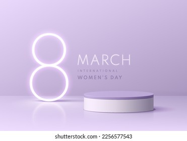 Púrpura, productos blancos podio fondo 3D con neón brillante texto 8 marcha Día Internacional de la Mujer. Mostrador de escena de maquillaje mínimo de la escena de la pared, pantalla de promoción. Formas geométricas vectoriales abstractas