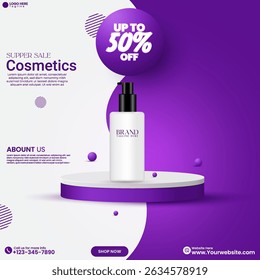 Purple and White Promotional Cosmetics Banner with Modern 3D cylinder Podium Design. Social media beauty product sale poster design vector with purple color and discount tag.  Beauty Product Poster. 