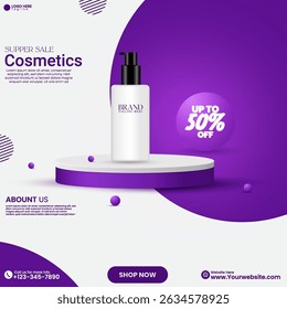 Purple and White Promotional Cosmetics Banner with Modern 3D cylinder Podium Design. Social media beauty product sale poster design vector with purple color and discount tag.  Beauty Product Poster. 