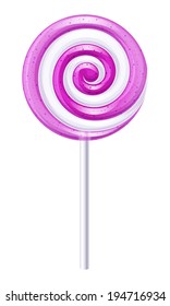Purple and white round spiral candy. Blueberry lollipop.