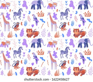 Purple and white savannah animal pattern illustration set