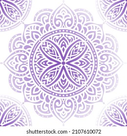 Purple and white seamless pattern with mandala ornament. Traditional Arabic, Indian motifs. Great for fabric and textile, wallpaper, packaging or any desired idea.