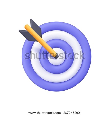 Purple and white target with arrow hitting the bullseye. Business finance target, goal of success, target achievement, precision and successful strategy. 3d vector icon. Cartoon minimal style.