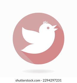 Purple and white vector icon with flying bird in the circle. Flat design with long shadow
