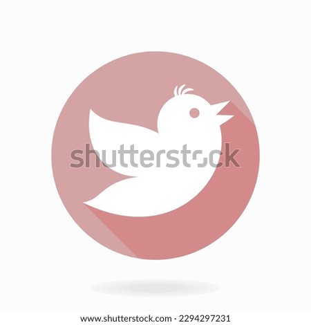 Purple and white vector icon with flying bird in the circle. Flat design with long shadow