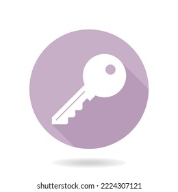 Purple and white vector key icon in the circle. Flat design and long shadow