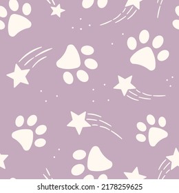 Purple and white vector repeat pattern for pets with shooting stars and paw prints