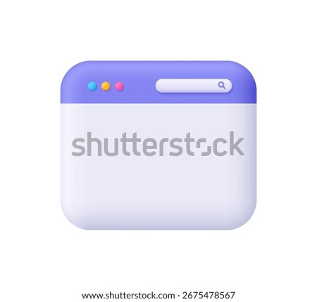 Purple and white website page, browser window with tab and search bar. User interface, computer software, web development concept. 3d vector icon. Cartoon minimal style.