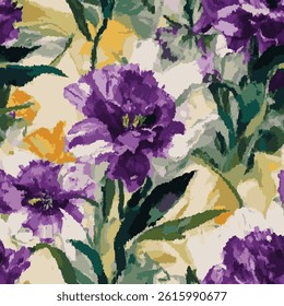 purple, white and yellow flowers on a background of light yellow and green tones