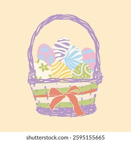 A purple wicker basket filled with patterned pastel eggs and a soft orange bow. Perfect for Easter-themed designs, cards, and spring decorations.