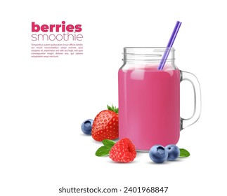 Purple wild berries smoothie or juice, vitamin drink in glass jar, realistic vector. Strawberry, raspberry and blueberry berry mix smoothie or detox shake in glass mug with drinking straw and leaves