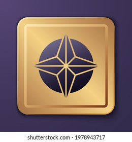 Purple Wind rose icon isolated on purple background. Compass icon for travel. Navigation design. Gold square button. Vector