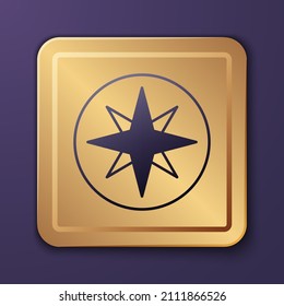 Purple Wind rose icon isolated on purple background. Compass icon for travel. Navigation design. Gold square button. Vector