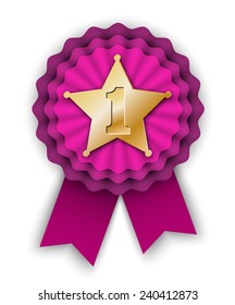 purple winner rosette vith gold star and number one, vector illustration, eps 10 with transparency and gradient mesh