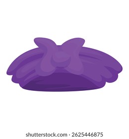 Purple winter hat for women decorated with a beautiful bow is lying on a white background