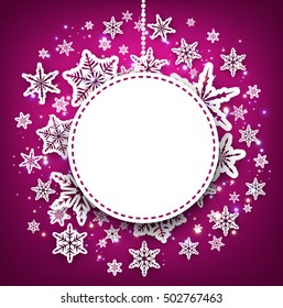 Fondo de invierno morado con copos de nieve. Ilustración vectorial.