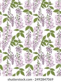 Purple wisteria flowers, hand drawn style. The art of using lines. Seamless pattern for decorating fashion designs, fabrics, wallpapers and prints on a white background.
