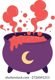 Purple Witch Cauldron with Boiling Red Potion and Moon Symbol.