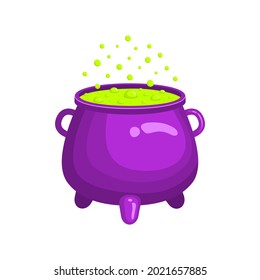 Purple witch cauldron with green bubbling liquid isolated on white background. Magic potion. Witchcraft equipment. Halloween design element. Vector cartoon illustration.