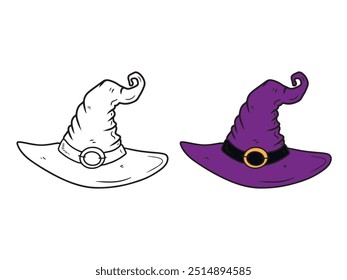 Purple witch hat with belt and buckle as a symbol for Halloween celebration in black isolated on white background. Hand drawn vector sketch illustration in doodle engraved vintage line art style