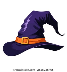 Purple witch hat with black brim, yellow buckle and pointed top, white background