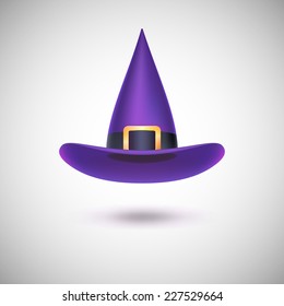 Purple witch hat with black strip for Halloween, isolated on white background.