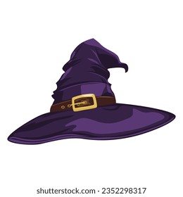 Purple witch hat with brown belt and gold buckle. Wizard hat isolated. Design element, accessory for Halloween celebration. Vector illustration.