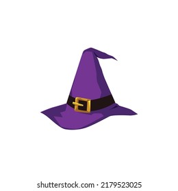 Purple witch hat with buckle for children carnival costume flat style, vector illustration isolated on white background. Decorative clothes element for party and holiday